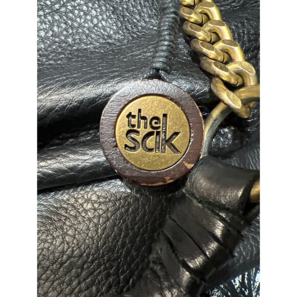 The Sak Boho Pebbled Black Leather Tasseled Gold Chain Strap Shoulder Bag - Picture 3 of 12